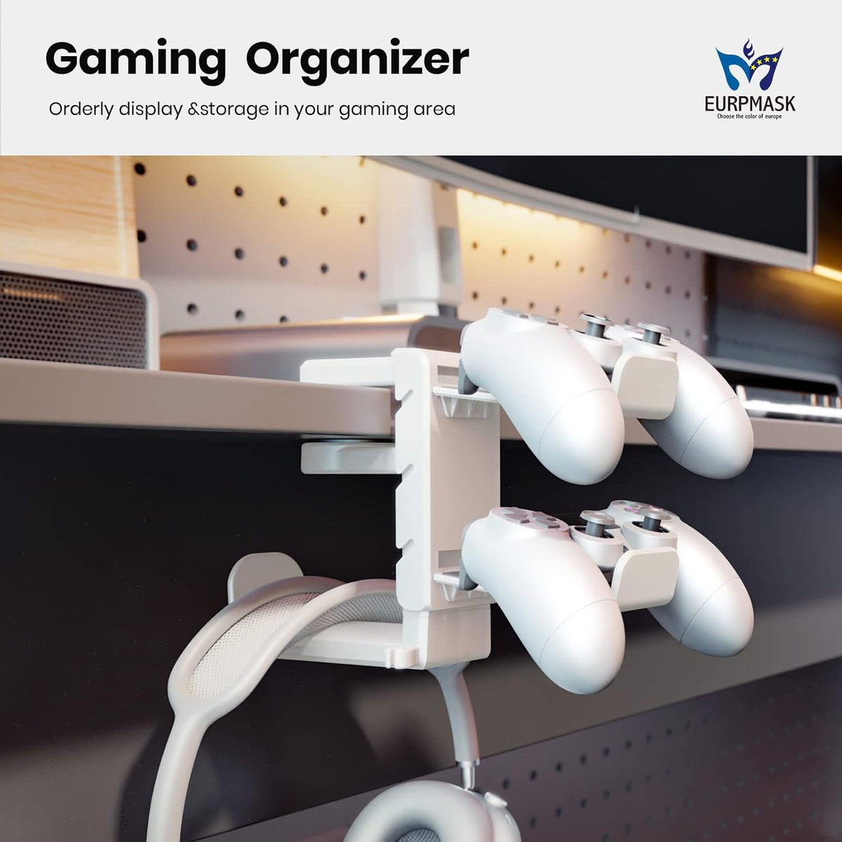 3-in-1 PC Gaming Headset&Controller Holder - EURPMASK Headphone Stand w/Adjustable Clamp&2 Controller Holder&Rotating Arm&Cable Organizer, Universal PC Gaming Accessory Controller Headset Stand-White