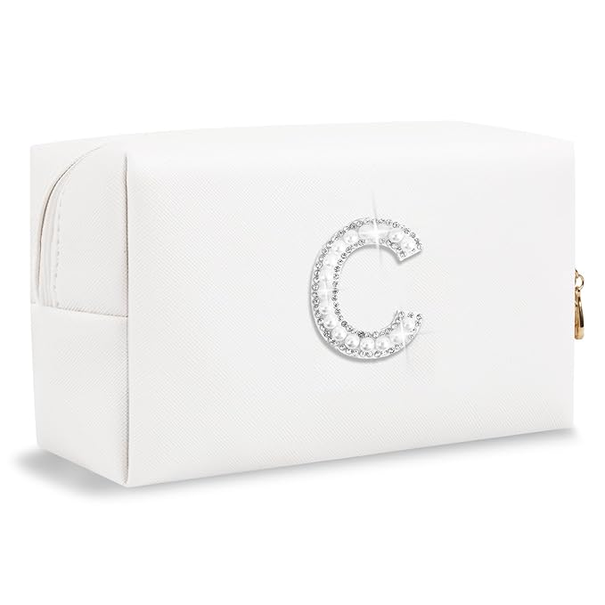 Bride Gifts – Personalized Initial Makeup Bag with Pearl Rhinestone Patch, Preppy White Monogram Cosmetic/Toiletry Pouch, bridesmaid Gifts, Bridal Shower Gifts, Wedding Gifts, Bridal Gifts,C