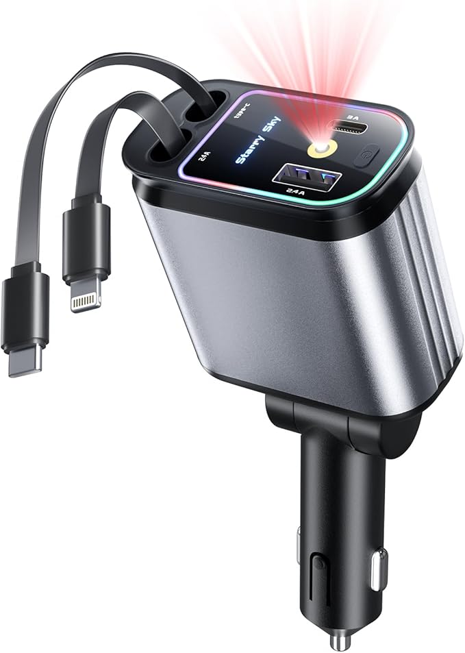 Starlight Retractable Car Charger with Retractable Cables, Starlight in Car Roof 4 in 1 Super Fast USB C Car Phone Charger, 2 USB Ports Starry Sky Adapter, Compatible with iPhone 17 16 15 14 13 12