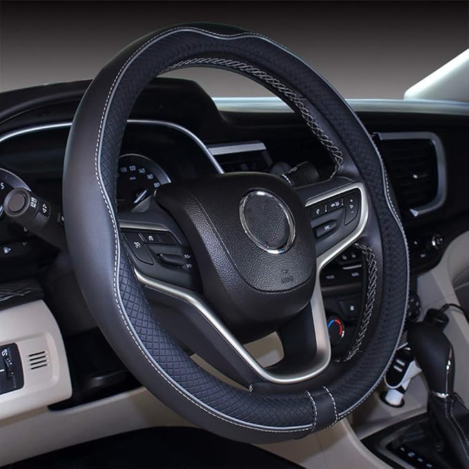 Mayco Bell Universal Standard Size Steering Wheel Cover Anti-Slip,Safety,Soft,Breathable,Durable,Full Surround,Comfortable Grip Microfiber Leather (14.5-15 inch,Black Gray)