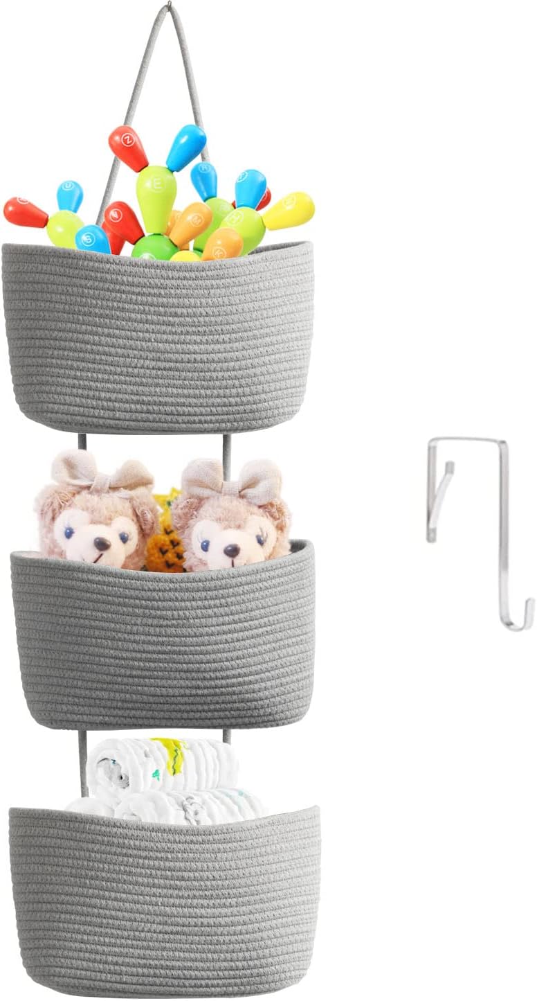 TeoKJ Over the Door Organizer, 3-Tier Woven Cotton Hanging Kitchen Baskets Storage Organizer Bag with Hooks Wall-Mounted Decorative Rope Baskets - Gray