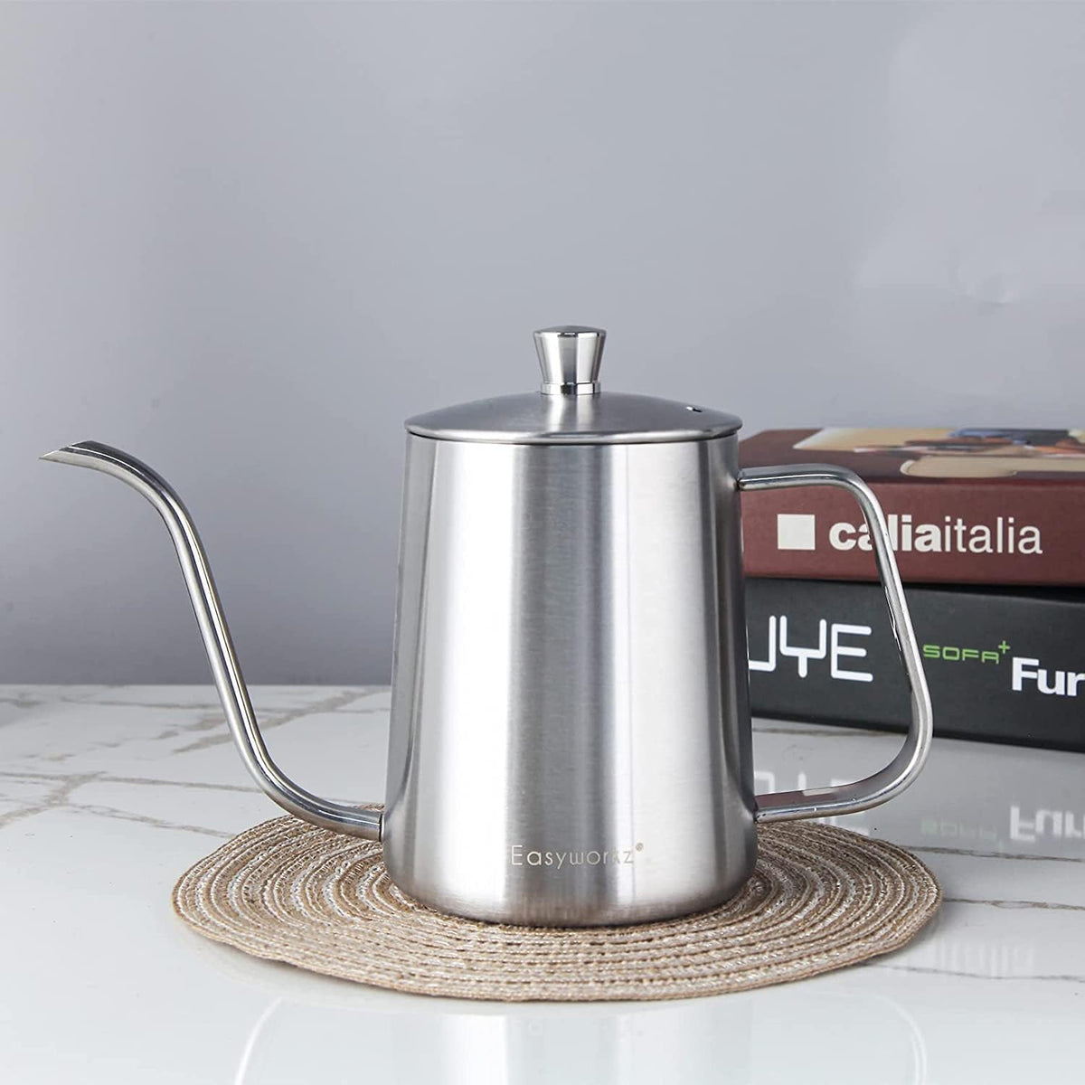 Easyworkz Gage Gooseneck Pour Over Coffee Kettle 20 oz with Thermometer Stainless Steel Hand Drip Coffee Pot With Long Narrow Spout, Silver