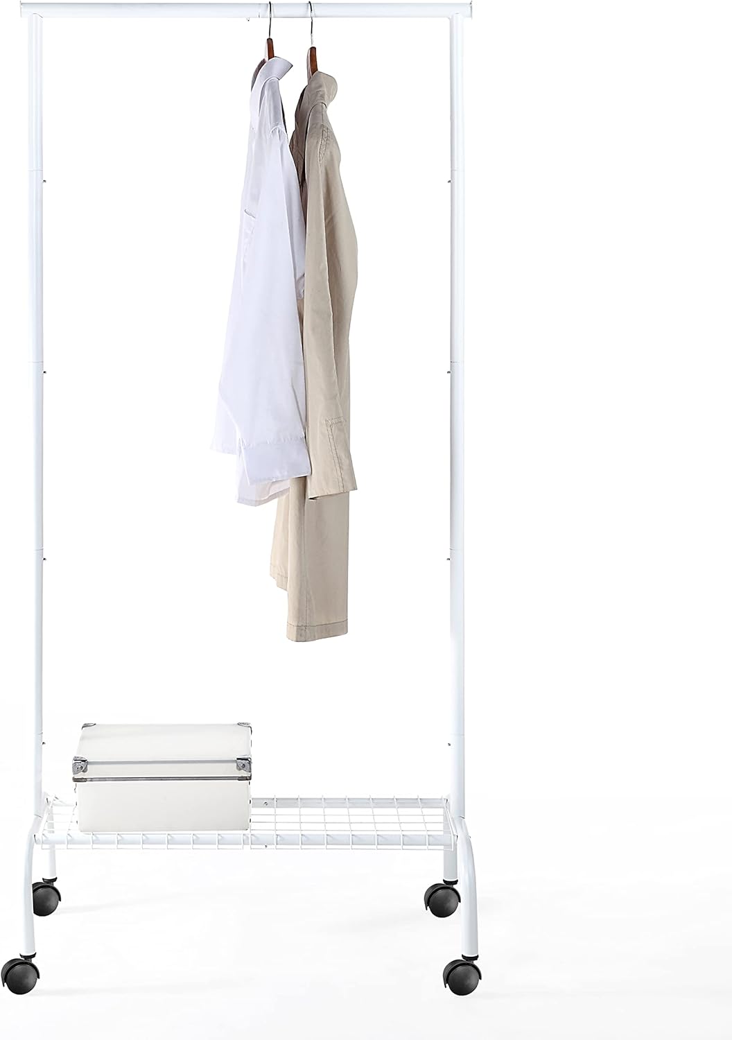 SunnyPoint Rolling Garment Rack with Shelf – Heavy-Duty Metal Clothing Rack on Wheels, 64.9” Tall Clothes Organizer with Bottom Storage, White