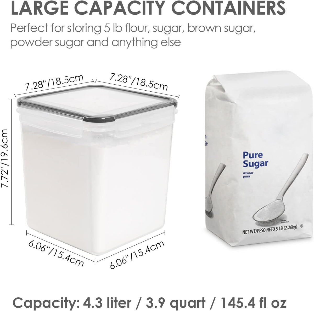 Vtopmart Food Storage Containers 4.3L / 145.4oz, 4 Pieces BPA Free Plastic Airtight Canister for Flour, Sugar, Baking Supplies, with 4 Measuring Cups and 24 Labels, Black