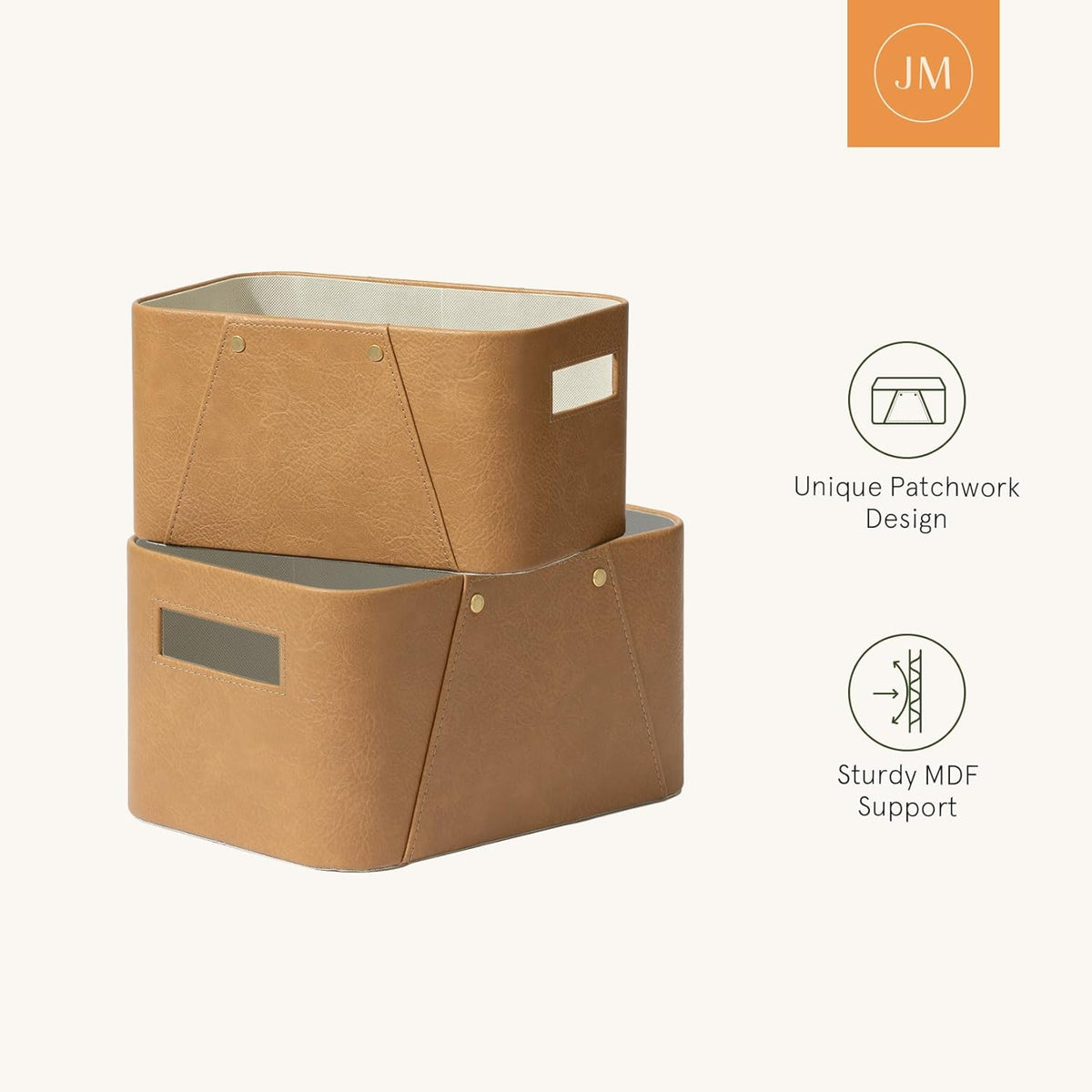 LA JOLIE MUSE Storage Baskets for Organizing, 2 Pack, Storage Cube Boxes Luxury Brown Vegan Leather for Closet Shelf Cabinet Bookcase Camel