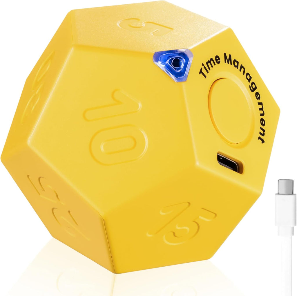 KADAMS Pomodoro Cube Timer Productivity-11 Preset Countdowns, Flip-to-Start Gravity Activation - Sound Vibrate Mute Rechargeable - Ideal for ADHD Kid Kitchen Classroom Cook Study Exercise - Yellow