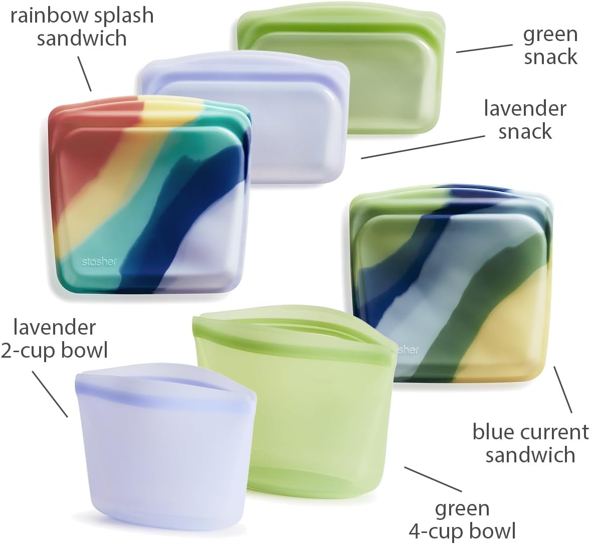 Stasher Premium Silicone Reusable Food Storage Bags, 6-Pack, Multi, Multi-Use Food Storage Bags, Lunch Bag, Travel Containers, BPA Free, Leak-free, Dishwasher-Safe, Eco-friendly