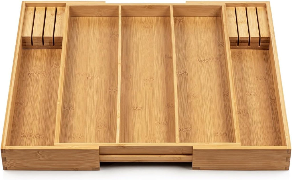 Purawood Kitchen Drawer Organizer with Knife Blocks - Utensil Drawer Organizer for Kitchen, Cutlery Tray & Silverware Organizer, 3-5 Slots - Bamboo Organizer for Utensils & Flatware (Natural)