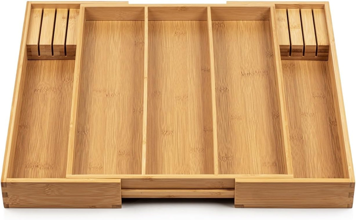 Purawood Kitchen Drawer Organizer with Knife Blocks - Utensil Drawer Organizer for Kitchen, Cutlery Tray & Silverware Organizer, 3-5 Slots - Bamboo Organizer for Utensils & Flatware (Natural)