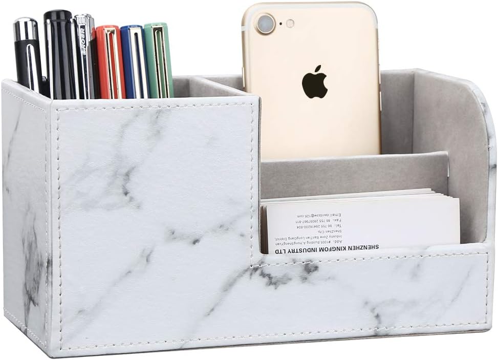 KINGFOM Desk Organizer Office Supplies Caddy Pu Leather Multi-function Storage Box Pen/Pencil,Cell phone, Business Name Cards Remote Control Holder Gray Marble