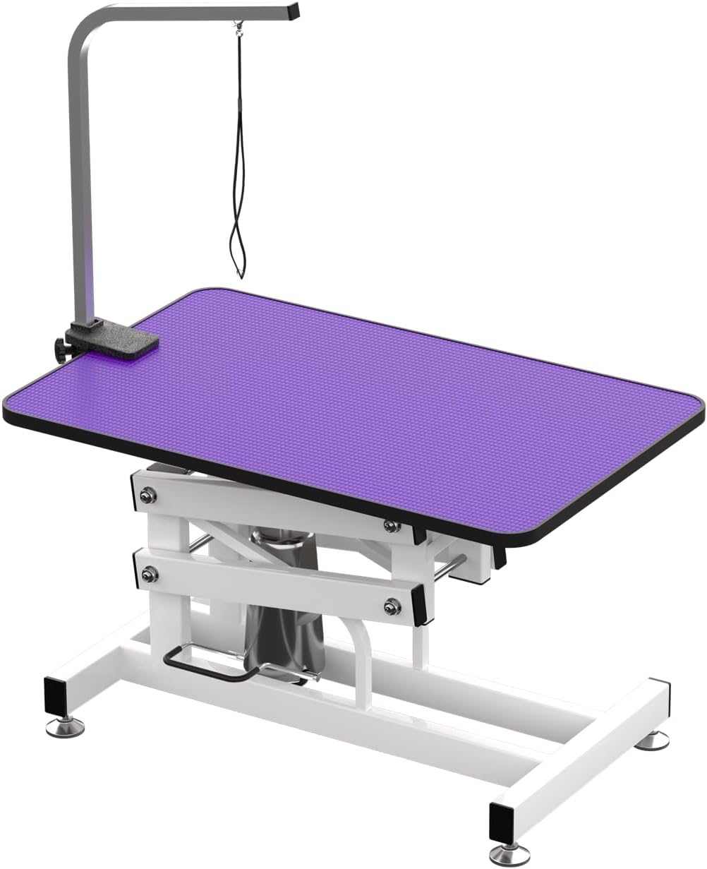Hydraulic Dog Pet Grooming Table, 42 Inch Heavy Duty Z Lift Structure Professional Dog Grooming Table Suitable for Large Dogs at Home with Adjustable Arms, Clamps and 2 Grooming Noose, Purple