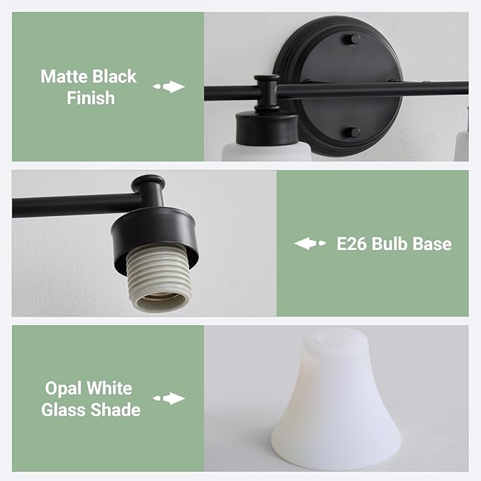 LOUSACE 3 Light Bathroom Vanity Light Matte Black Bathroom Lighting Fixtures