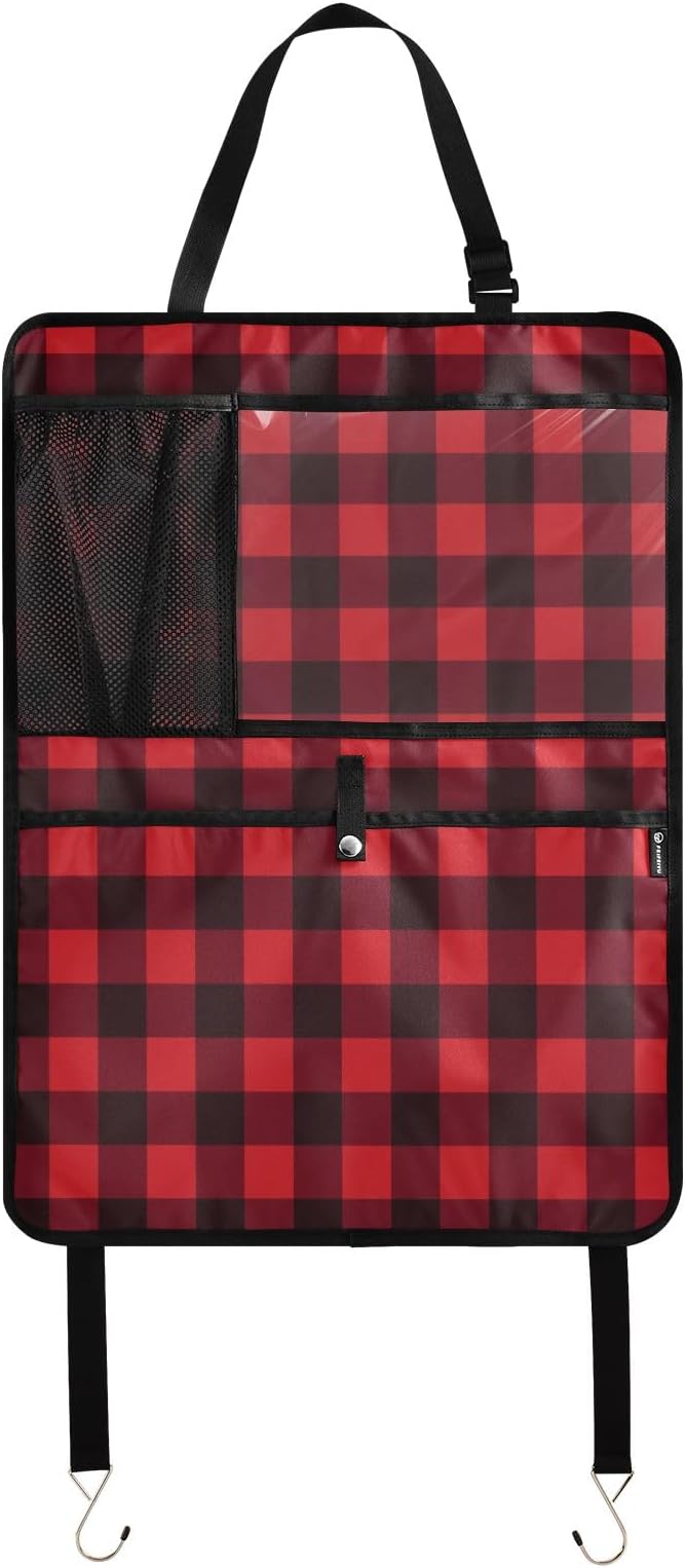 1 Pack Back Seat Car Organizer with Storage Pockets Kick Mats Back Seat Protector Hanging Car Organizer Automotive Seat Back Cover Organizers Red and Black Buffalo Plaid