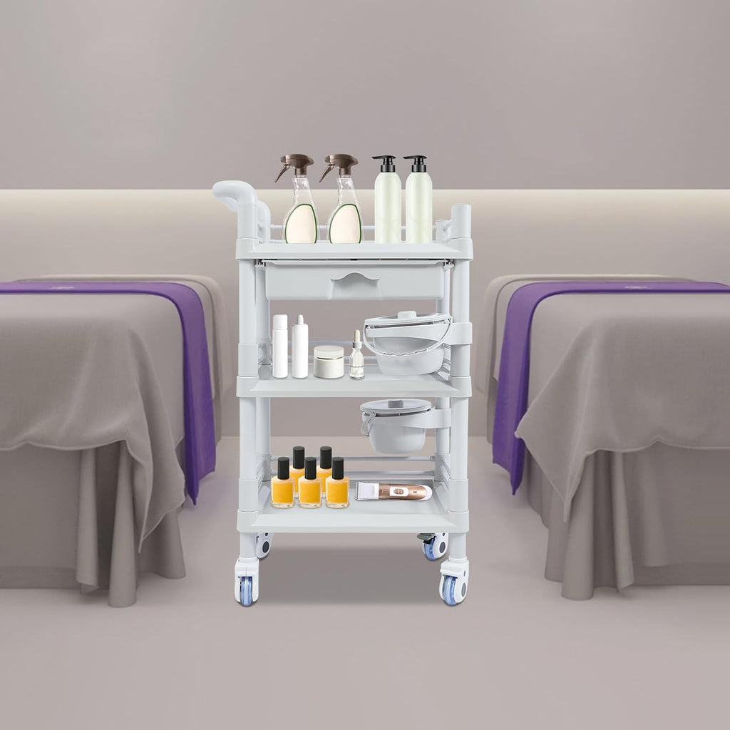 Medical Mobile Trolley Cart, Salon Storage Cart Movable Organizer Rolling Beauty Organizer Trolley 2 Foot-Operated Locking Castors 3 Open-Fronted Drawers 2 Waste Bins 176.37 Lbs Load Capacity