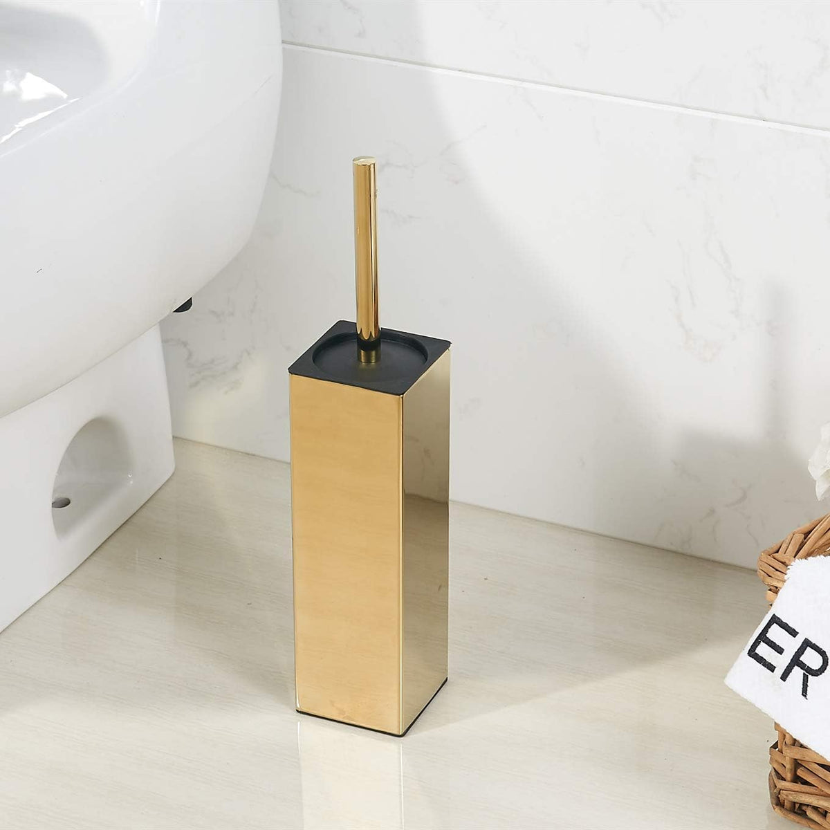 BGL Freestanding Solid Stianless Steel 304 Toilet Bowl Brush and Holder for Bathroom Storage and Organization - Space Saving, Sturdy, Deep Cleaning, Covered Brush (Gold)