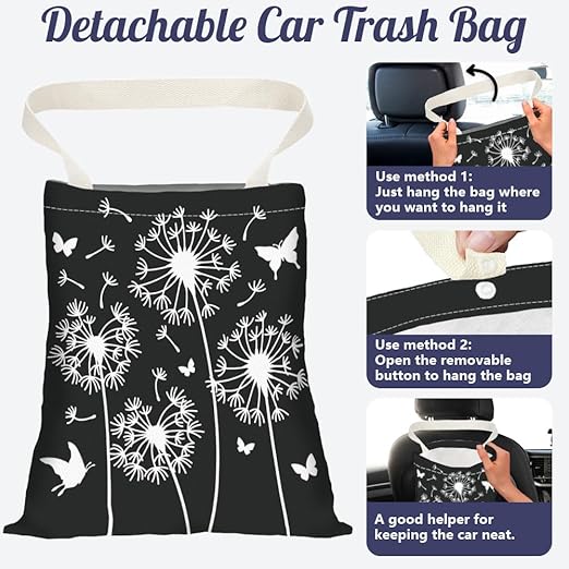 Dandelion Print Car Trash Bag Hanging Garbage Bag with Snap Buttons Car-Back Seat Trash Storage Portable Dustbin for Car Interior Accessories Travel Camping