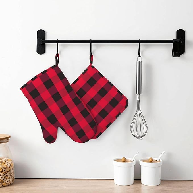 Buffalo Check Plaid Red and Black Oven Mitts and Pot Holders Set, 4pcs Farmhouse Checkered Plaids Silicone Oven Glove for Kitchen Heat Resistant Oven Mitts and Potholders Non-Slip for BBQ