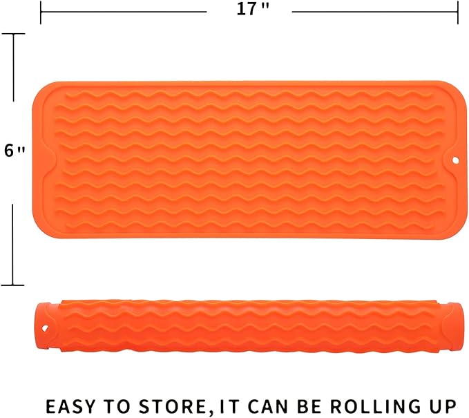 Silicone Dish Drying Mat for Multiple Usage,Easy clean,Eco-friendly,Heat-resistant Silicone Mat for Kitchen Counter,Sink,Bar,Bottle,or Cup Orange M 17 inches x 6 inches
