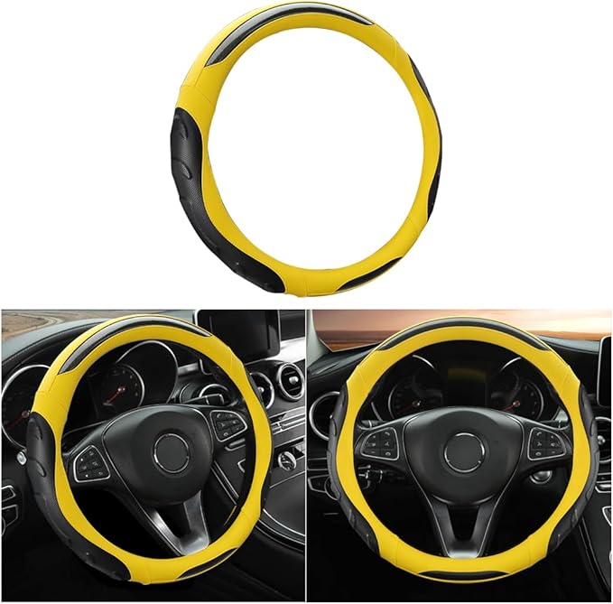 Leather Steering Wheel Cover, Auto Car Stretch Steering Wheel Protector, Universal 15 Inch Anti-Slip Breathable Odorless Steering Wheel Cover for Men Women (Black/Yellow)
