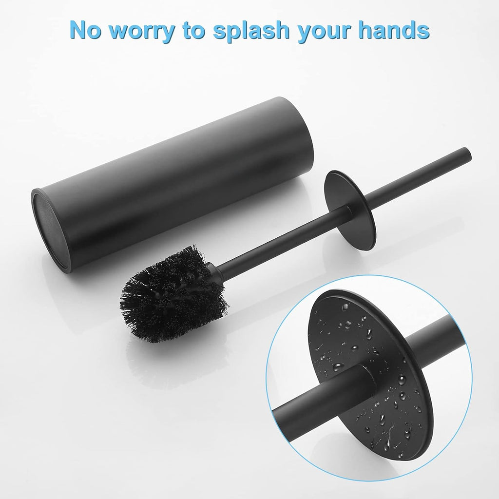 Toilet Brush and Holder Set Black Stainless Steel, 304 Heavy Duty Round Toilet Brush Set – Rust Resistant, Long Handle, Replacement Heads, Floor Standing Bathroom Toilet Cleaning Brush