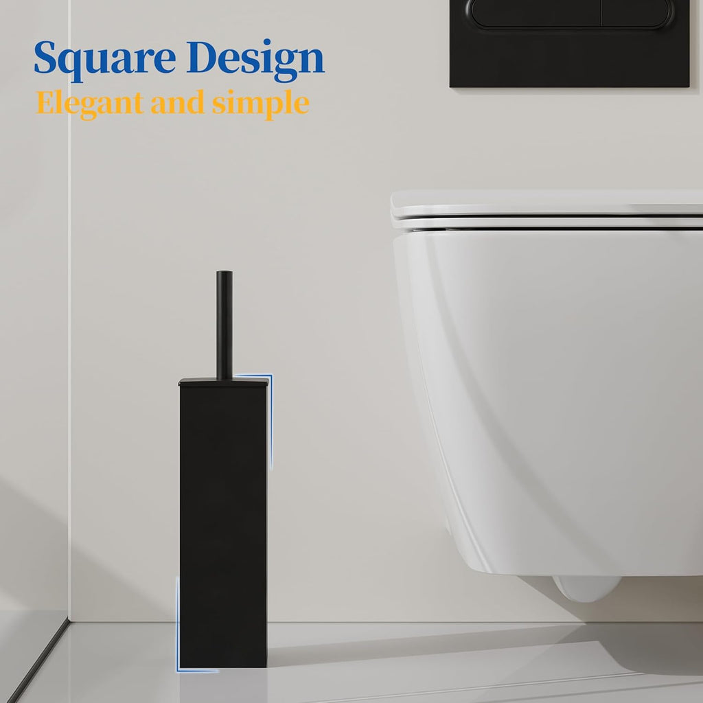 RUACQ Toilet Brush and Holder Set 2pcs,Square Toilet Bowl Brush for Bathroom with 304 Stainless Steel Handle Toilet Cleaner Brush with Durable Scrubbing Bristles,Splash-Proof (Matte Black)
