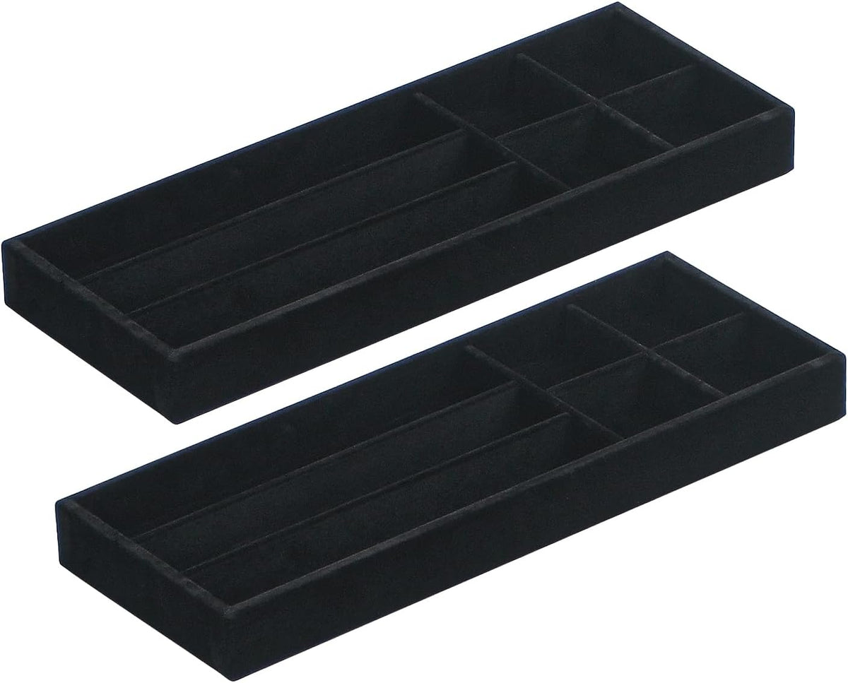 2Pcs Desk Drawer Storage Tray, Nightstand Organizer Tray, Necklace Bracelet Ring Earring Jewelry Display Tray, Grid Table Organizer Holder Tray for Sunglass, Phone, Watch, Perfume (7 grid)/Black