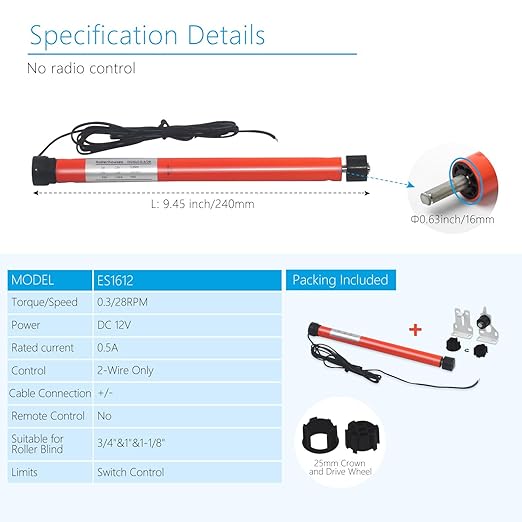 Rollerhouse DC12V ES1612 2 Wires Switch Controlled Tubular Motor Blinds