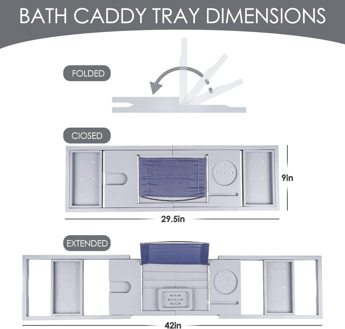 Foldable Bathtub Caddy Tray, Bamboo Bath Tub Tray Table for Tub with Wine Glass Holder Book Phone Tablet Holder with Extending Sides, Adjustable Bathroom Bathtub Free Soap Holder Gift Idea (Grey)