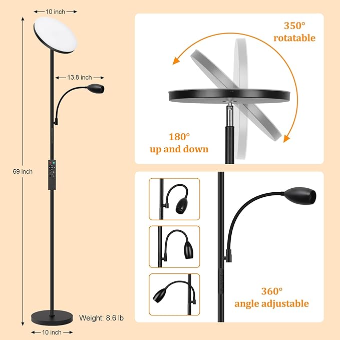 LED Torchiere Floor Lamp with Gooseneck Reading Light, Remote Control Standing