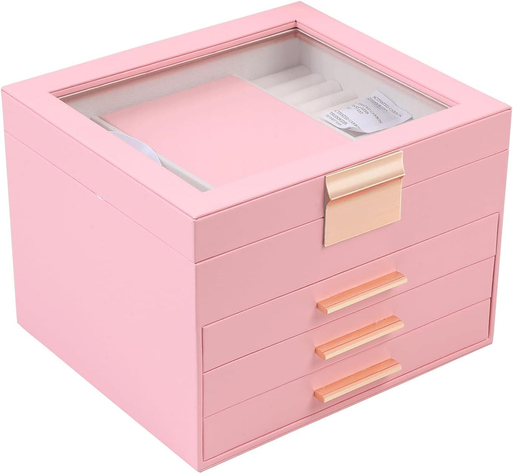 BOOVO Clear Lid Jewelry Box,4 Layers Jewelry Organizer Large Jewelry Storage Box with 3 Drawers,Jewelry Holder Organzier of Rings Earrings Necklace Bracelets for Women (Pink, 4 Layer)
