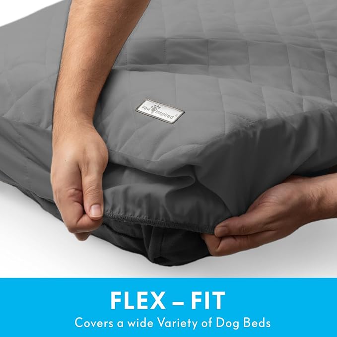 Paw Inspired Waterproof Fitted Cover for Dog Bed | Washable Bed Protector for Dog Mattress | Removable Replacement Cover for Small to Medium Pet Bed (Gray, 34 x 23 x 5 Inch)