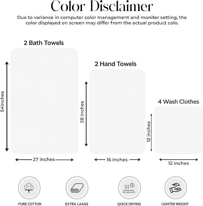 RIVERSIDE Pack of 8 Towels Set, 2 Large Bath, 2 Hand, 4 Face Washcloths, 100% Cotton Hotel Quality, Super Soft, Quick Dry, Highly Absorbent Perfect for Bathroom, White
