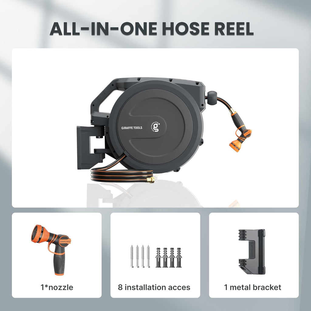 Giraffe Tools PRO Heavy Duty Retractable Garden Hose Reel - 78ft 1/2 Inch Auto Rewind with Any-Length Lock, Wall Mounted Metal Bracket, Commercial Grade for Patio & Lawn (Dark Grey)