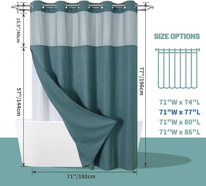 eachope SeawedGreen No Hook Waffle Weave Shower Curtain with snap-in Liner Replacement, 230GSM Waterproof Fabric Hotel Shower Curtain Set for Bathroom, Through Mesh Top Window,71Wx77H