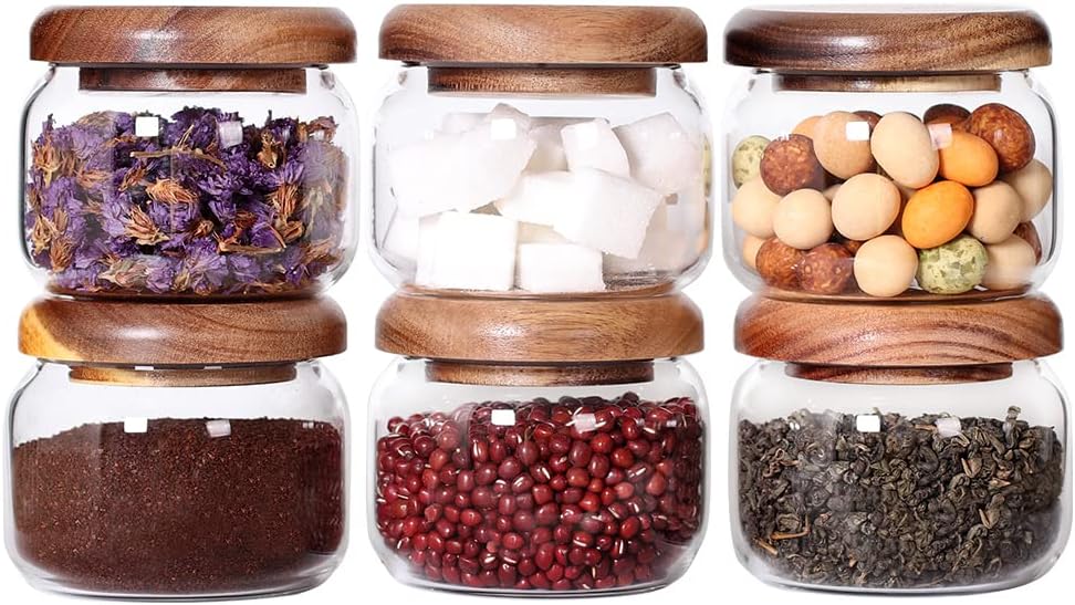 SAIOOL Kitchen Canisters Set of 6-8.5oz Glass Spice Jars With Acacia Airtight Lid and Labels Round Spice Bottles for kitchen Seasoning Baby Food Kids Snacks Meal Prep Containers Candle
