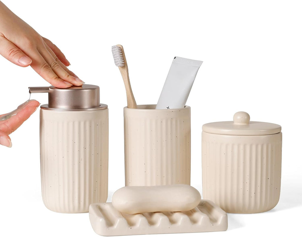 BosilunLife Bathroom Accessories Set - Ceramic Bathroom Set Bathroom Decor Sets Bathroom Counter Lotion Soap Dispenser and Toothbrush Holder Set, Soap Dish, Apothecary Jar (Striped Apricot)