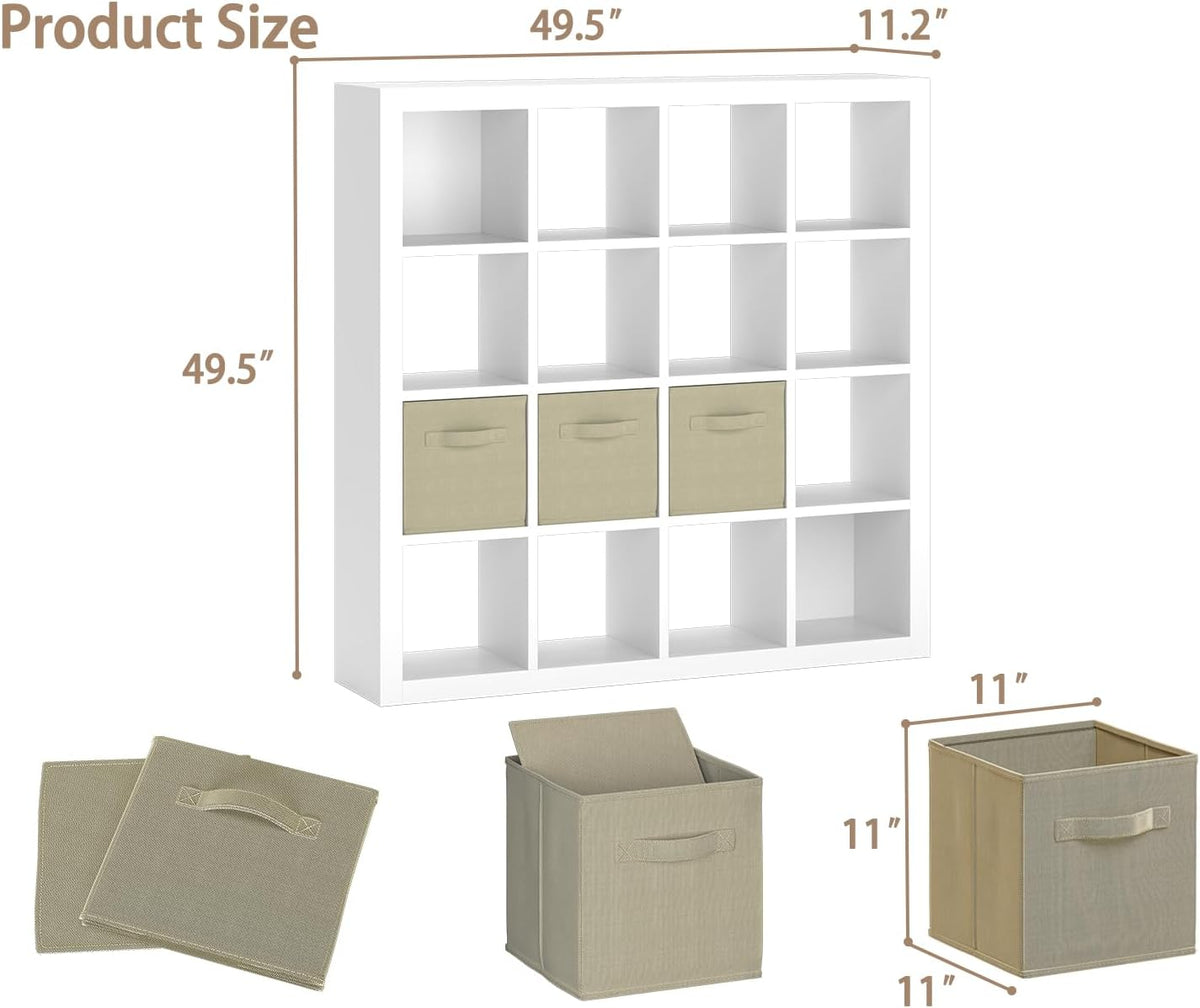 furtble Bookshelf with Storage Bins, 16-Cube Storage Organizer with Back Panels, Modern Wood Open Bookcase, Multifunctional Display Shelf for Living Room, Bedroom, Home Office, White