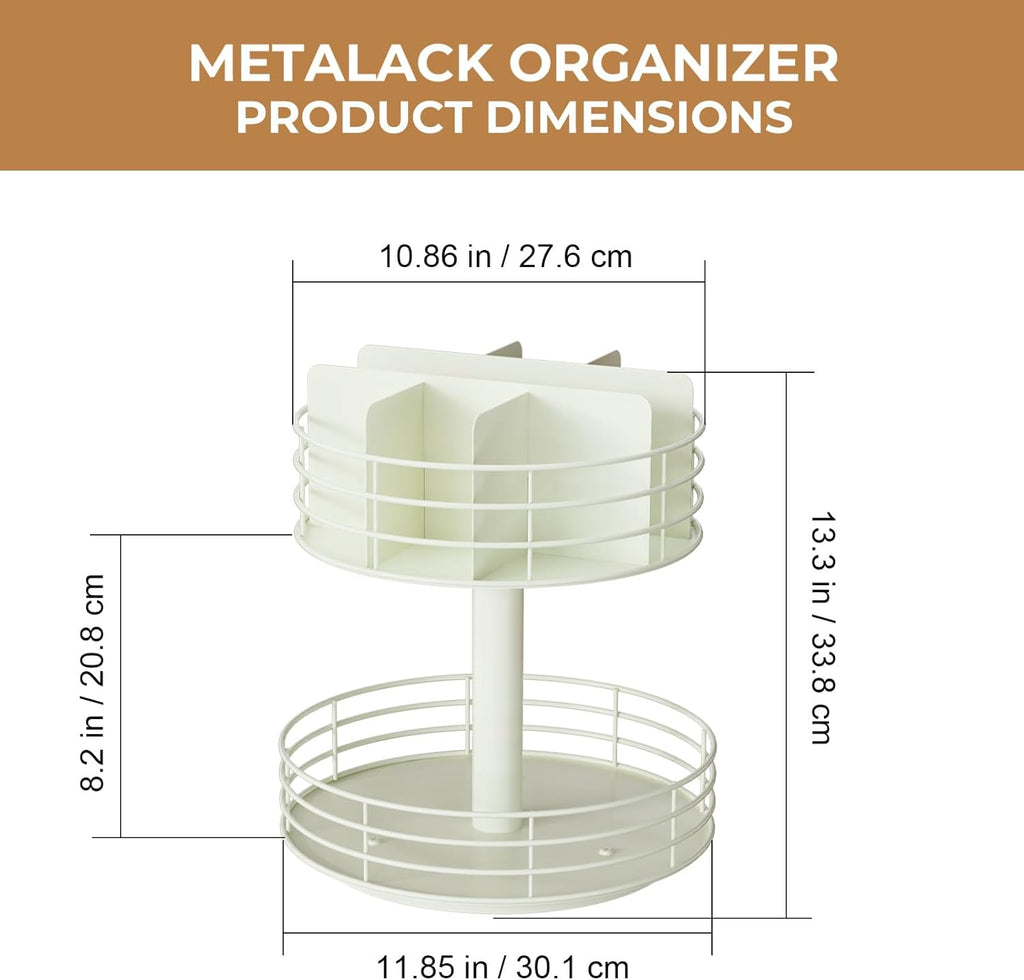 Snack Organizer - Versatile Snack Storage 2 Tier Lazy Susan with Convenient Grab-and-Go Design, Metal Snack Holder for Home, Office, Breakroom, 12.13" L x 12.13" W x 12.56" H (Matte White)