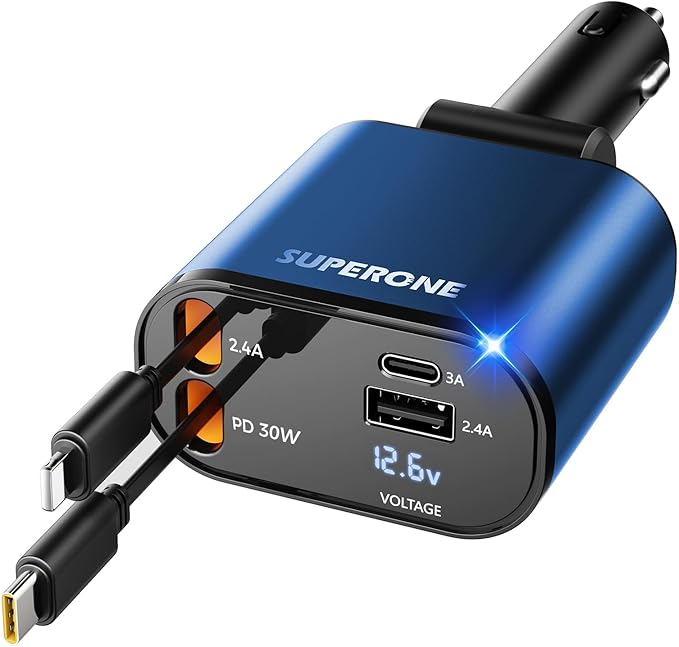SUPERONE 【Upgraded】 Retractable Car Charger 4 in 1, Fast Car Phone Charger with Cord 2.6ft, USB C and Apple Car Charger Adapter, Compatible with iPhone 17/16/15/15 Pro Max/14/13/12/11, Galaxy, Pixel
