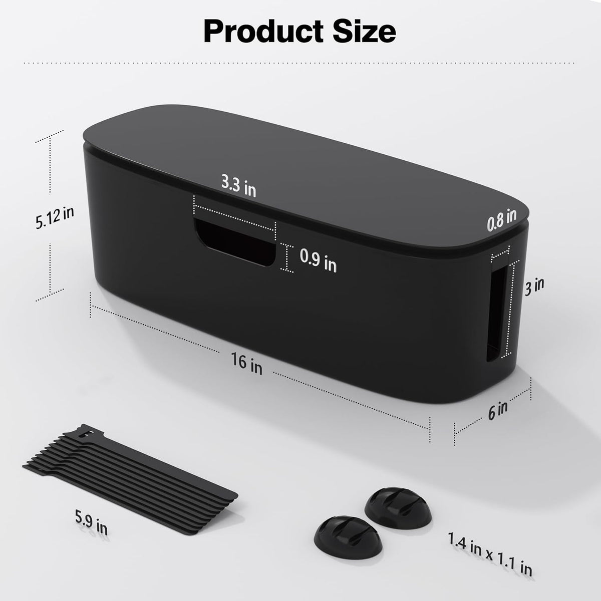 Cable Management Box - Large Cord Organizer Box to Hide Power Strip & Under Desk, TV Computer Wires Cable Organizer Box with Baby Proofs, Desk Cord Organizer for Home/Office - Black