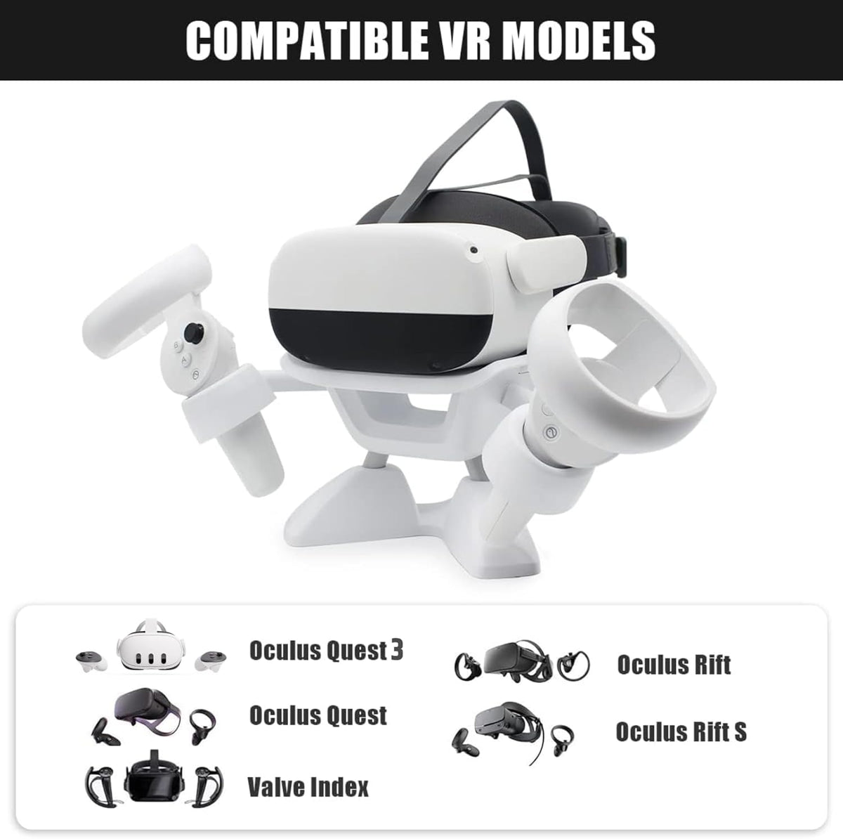 Dollox VR Stand, VR Headset Stand VR Display Holder Storage Virtual Reality Headset Desktop Display Stand for Oculus Quest 2, Quest 3/3s, Rift, Rift S, Valve Index Headsets & Touch Controllers