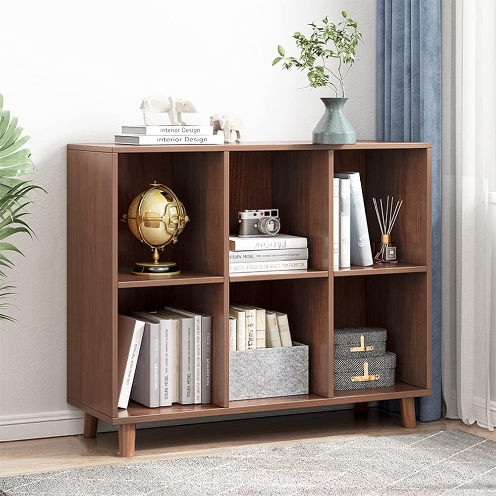 IOTXY Freestanding Open Cubes Bookcase - 2-Tier Floor Standing Wooden Storage Display Cabinet Organizer with Legs for Home Office, 6-Cubes Open Shelf Low Short Bookshelf, Walnut