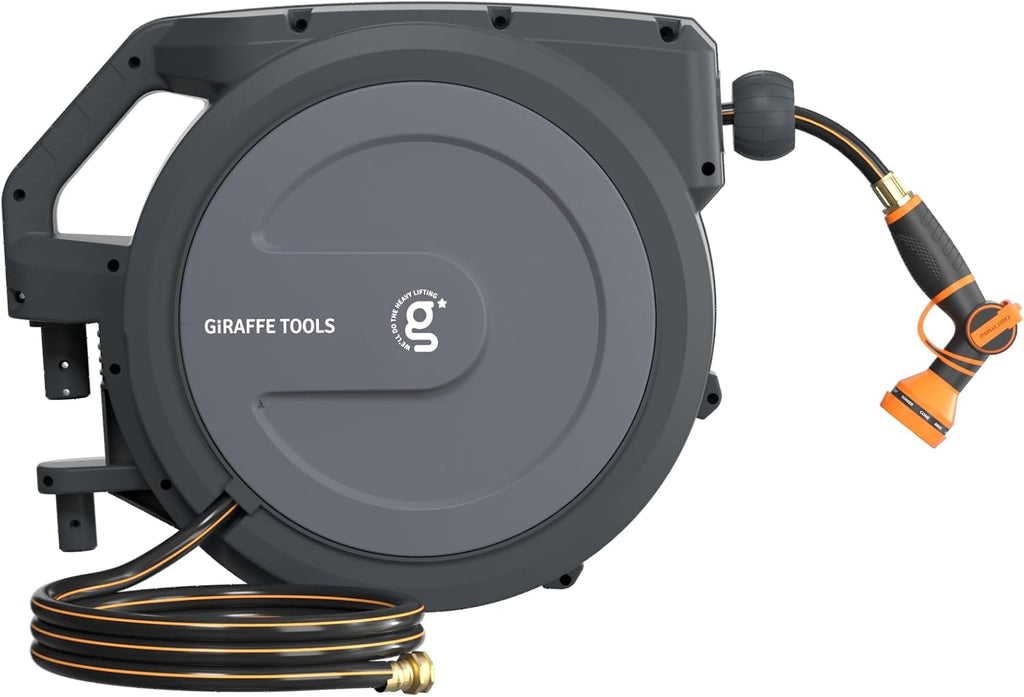 Giraffe Tools PRO Heavy Duty Retractable Garden Hose Reel - 78ft 1/2 Inch Auto Rewind with Any-Length Lock, Wall Mounted Metal Bracket, Commercial Grade for Patio & Lawn (Dark Grey)