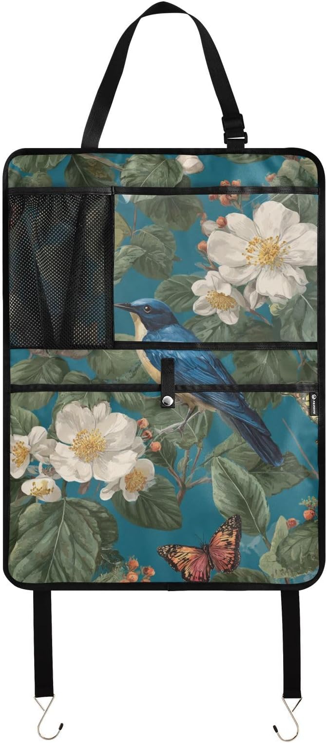 1 Pack Back Seat Car Organizer with Storage Pockets Kick Mats Back Seat Protector Hanging Car Organizer Automotive Seat Back Cover Organizers Vintage Blue Bird Flowers Butterflies
