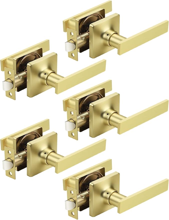 Mengico 5 Pack Passage Door Levers Gold Finish, No-Locking Keyless Square Door