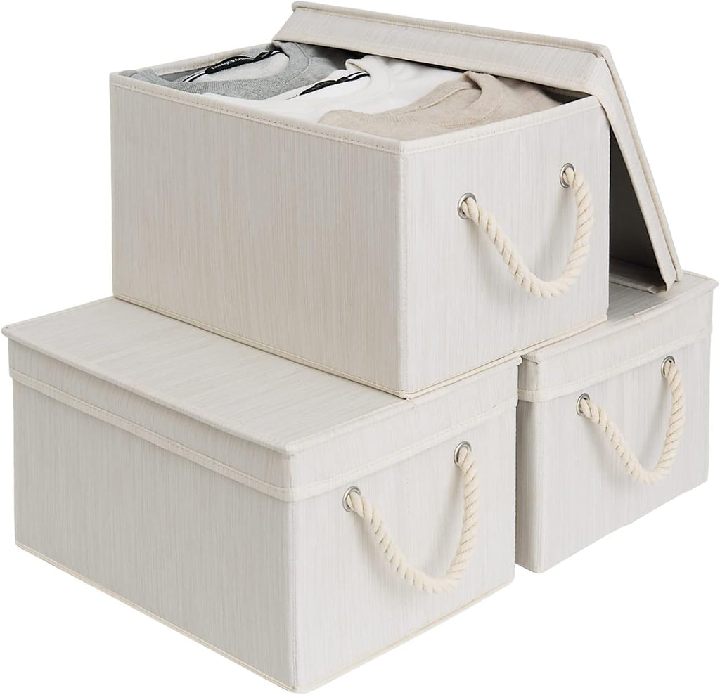 StorageWorks Storage Bins with Lids, Decorative Storage Boxes with Lid and Soft Rope Handles, Foldable Storage Baskets for Closet, Shelves, Stackable, 3-Pack, Ivory and White, Large