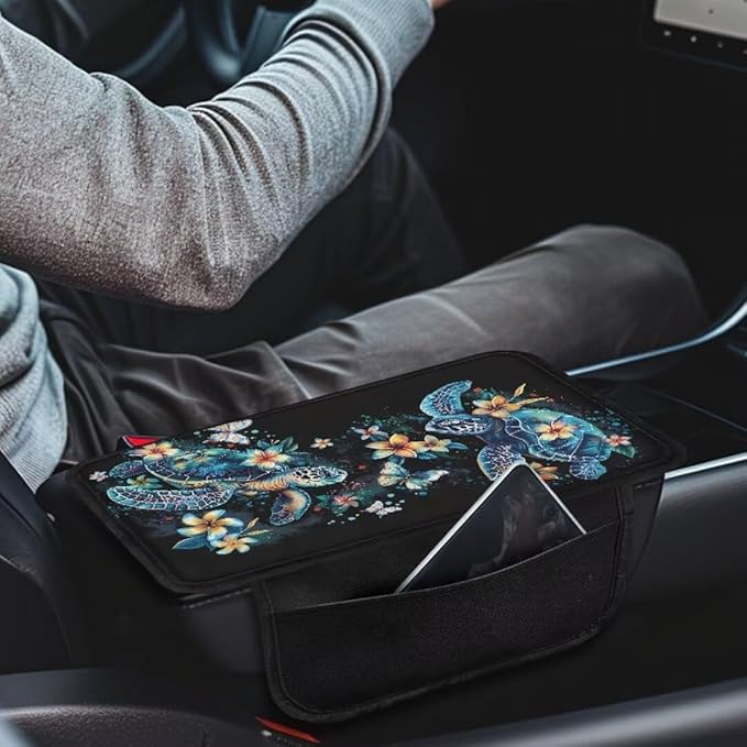 Boatee Flower Turtle Arm Rest Cover for Car Console Organizer Auto Center Console Cover Armrest Mat for Car Console Cushion Comfortable Interior Protector Automotive Armrest Seat Box Protector Black