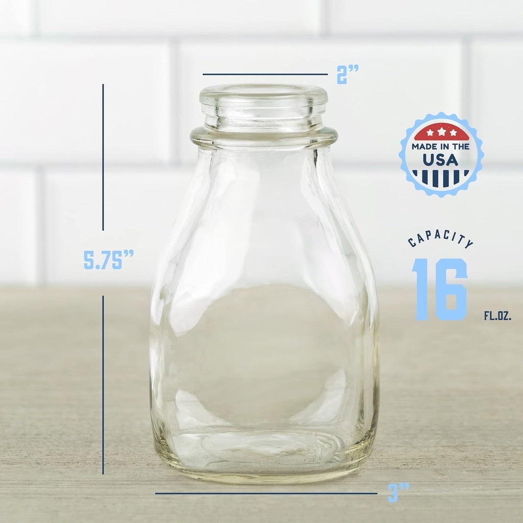 kitchentoolz 16 Oz Glass Milk Jug with Caps - Perfect Milk Container for Refrigerator Storage - 16 Ounce Short and Wide Glass Milk Bottle with Tamper Proof Lid and Pour Spout (3, 16 oz)