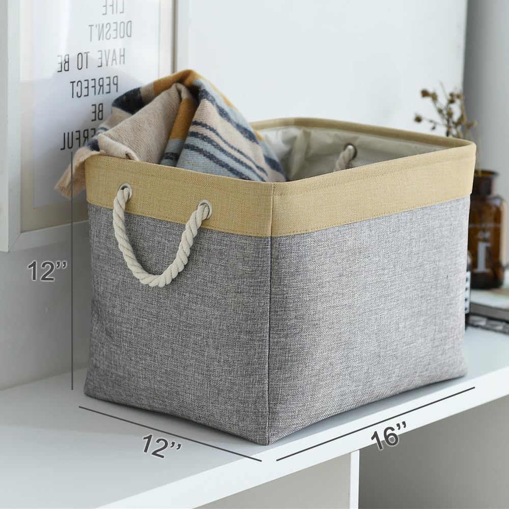 TheWarmHome Storage Basket for Organizing - Fabric Large Cubes 3 Pack 16x12x12 inch Baskets, Cube Storage Bin for Shelves Organizer Closet Cloth Gift Toy (Gold & Grey)