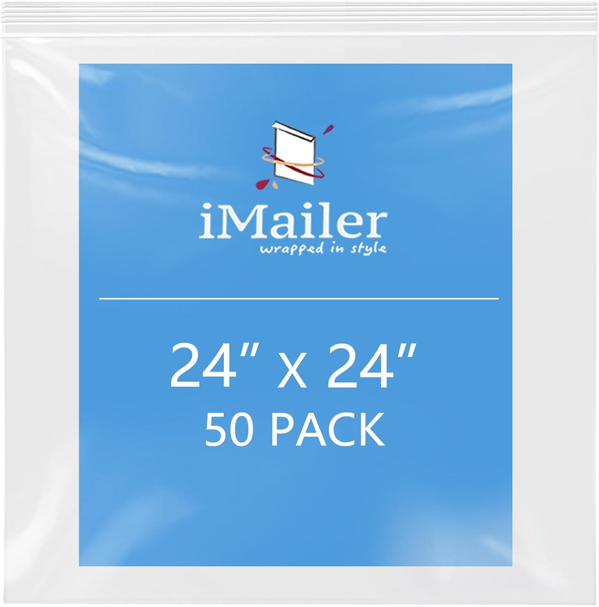 iMailer- 24" x 24" 50 Pack- 2 Mil Resealable Zip Bags- Clear Plastic Bags with Zip Top Lock for Storage, Organizing, Crafts, Travel